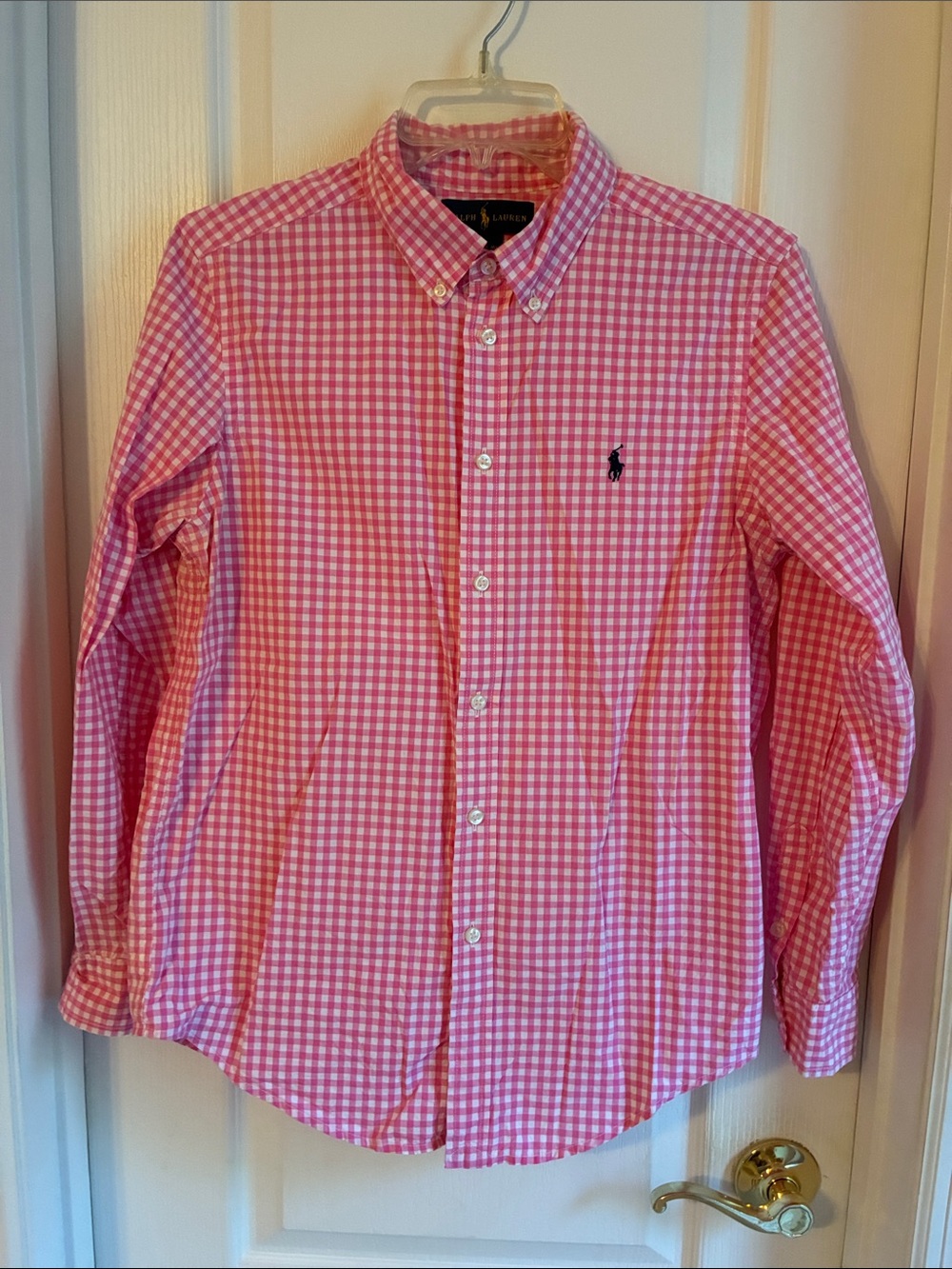 Ralph Lauren Kids pink & white gingham plaid cotton button down shirt Sz L 14-16